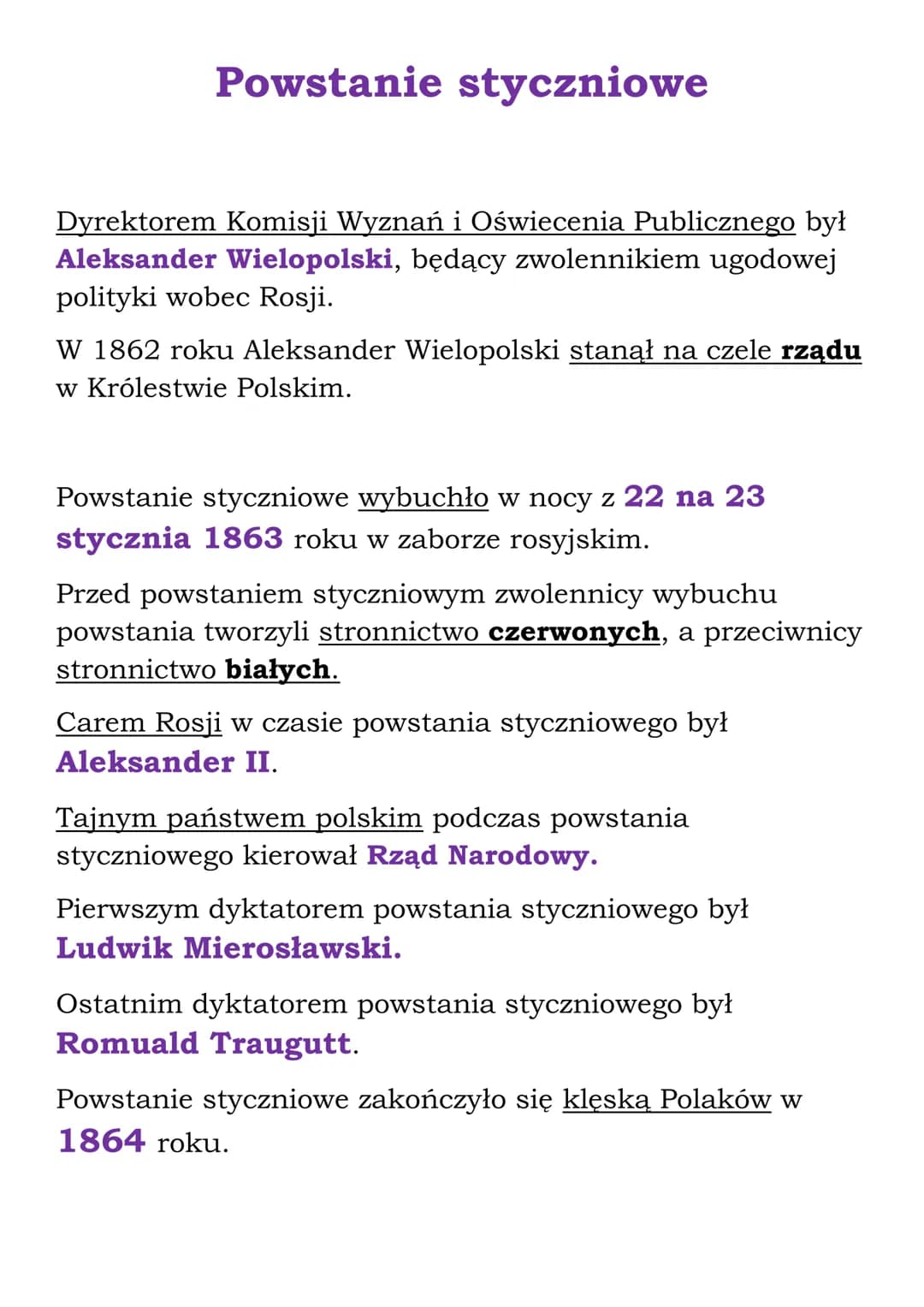 Powstanie styczniowe
Dyrektorem Komisji Wyznań i Oświecenia Publicznego był
Aleksander Wielopolski, będący zwolennikiem ugodowej
polityki wo