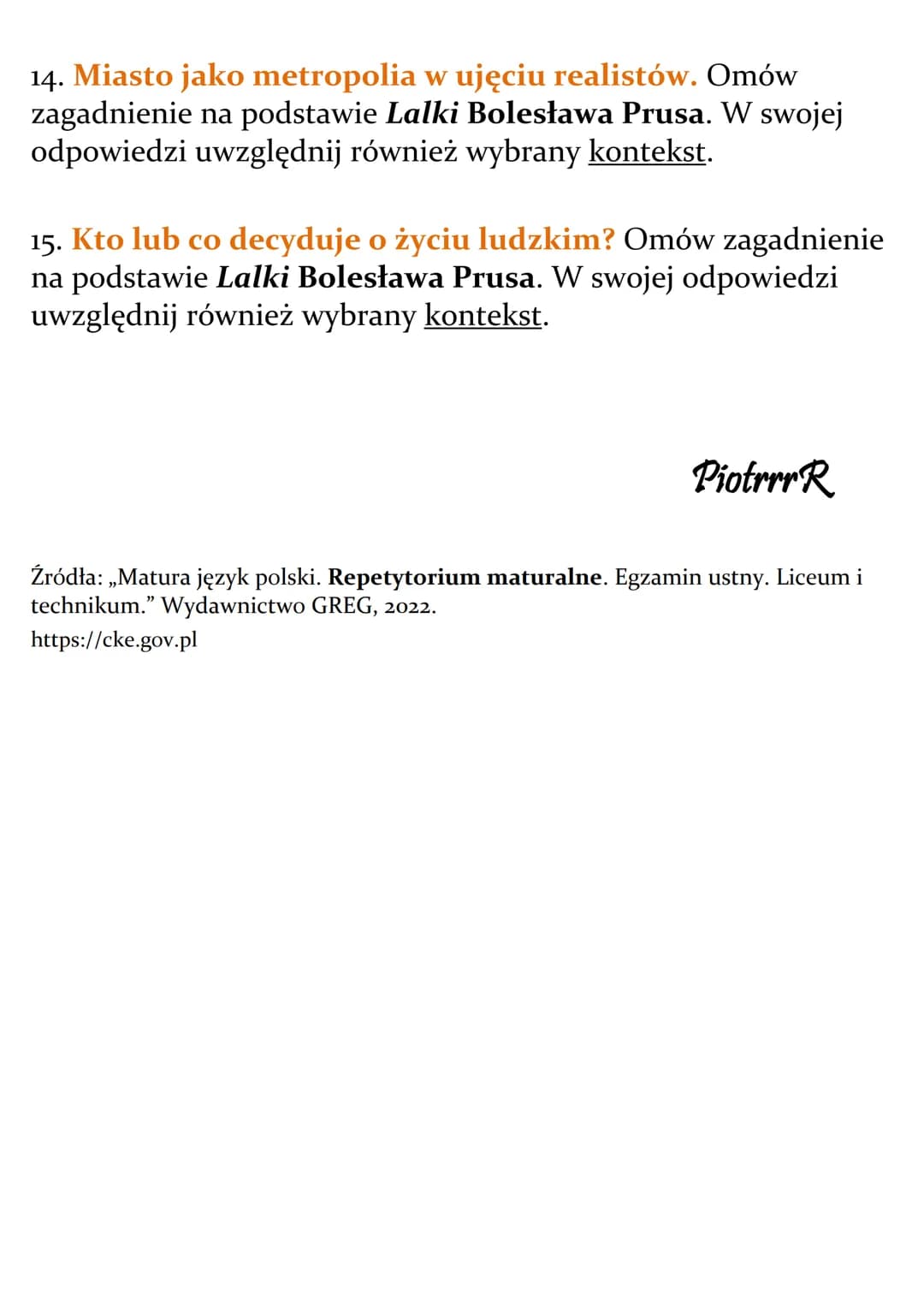 Bolesław Prus ,,Lalka"
Lista pytań jawnych – matura
-
1. Obowiązki jednostki wobec zbiorowości. Omów
zagadnienie na podstawie Lalki Bolesław