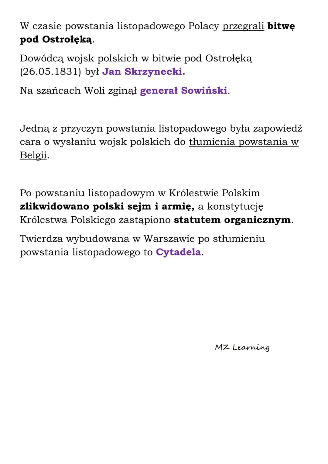 Powstanie listopadowe
Powstanie listopadowe wybuchło w Królestwie Polskim w
1830 roku.
Powstanie listopadowe rozpoczęło się w Warszawie 29 X