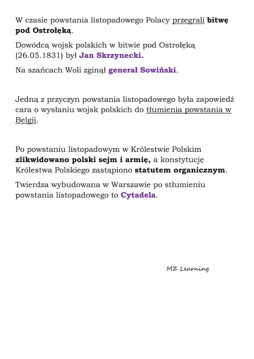 Powstanie listopadowe
Powstanie listopadowe wybuchło w Królestwie Polskim w
1830 roku.
Powstanie listopadowe rozpoczęło się w Warszawie 29 X