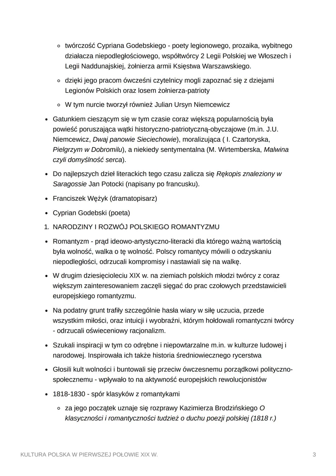 KULTURA POLSKA W
PIERWSZEJ POŁOWIE XIX W.
1. ROZWÓJ KULTURY POLSKIEJ POD ZABORAMI
Pierwsze lata po rozbiorach = polskie życie kulturalne kon