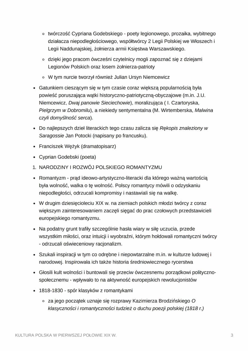 KULTURA POLSKA W
PIERWSZEJ POŁOWIE XIX W.
1. ROZWÓJ KULTURY POLSKIEJ POD ZABORAMI
Pierwsze lata po rozbiorach = polskie życie kulturalne kon