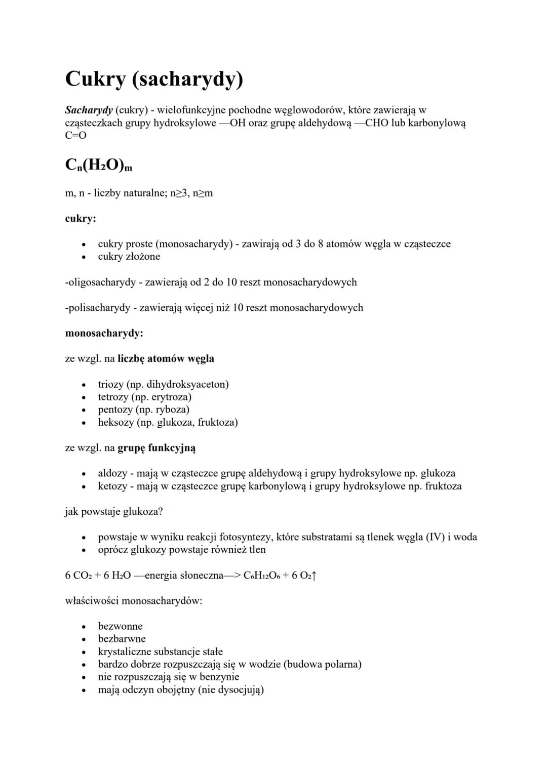 Cukry (sacharydy)
Sacharydy (cukry) - wielofunkcyjne pochodne węglowodorów, które zawierają w
cząsteczkach grupy hydroksylowe -OH oraz grupę