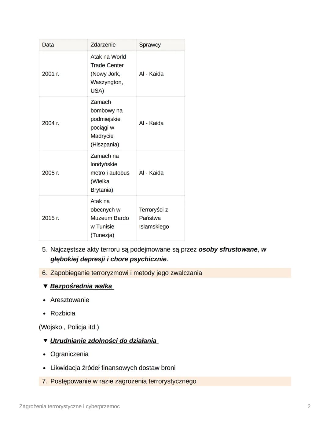Zagrożenia terrorystyczne i
cyberprzemoc
1. Terroryzm - bezprawne użycie lub groźba użycia siły bądź przemocy wobec osoby
albo mienia, aby z