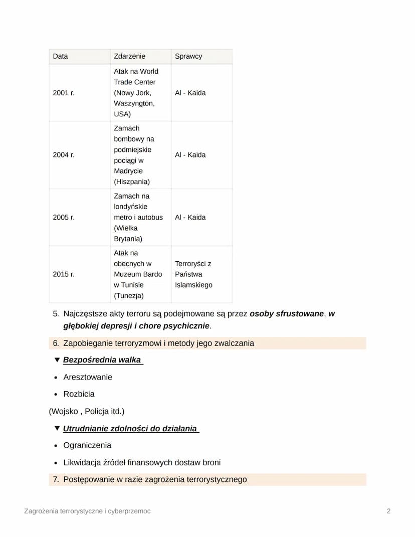 Zagrożenia terrorystyczne i
cyberprzemoc
1. Terroryzm - bezprawne użycie lub groźba użycia siły bądź przemocy wobec osoby
albo mienia, aby z