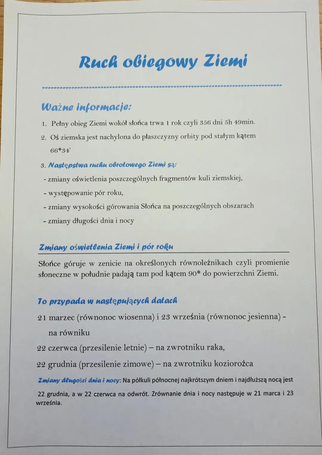 Ruch obiegowy Ziemi
Ważne
informacje:
1. Pełny obieg Ziemi wokół słońca trwa 1 rok czyli 356 dni 5h 49min.
2. Oś ziemska jest nachylona do p