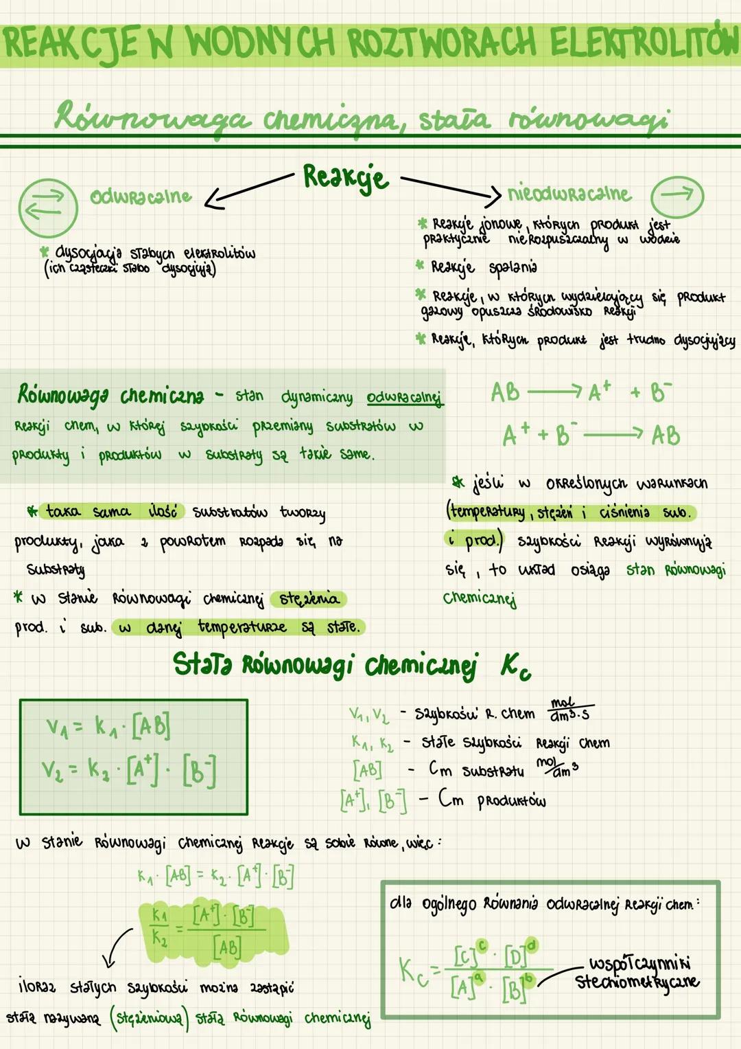 REAKCJE W WODNYCH ROZTWORACH ELEKTROLITÓW
Równowaga chemiczna, stała równowagi
Reakcje
odwracalne
*dysocjacja Stabych elektrolitów
(ich czas
