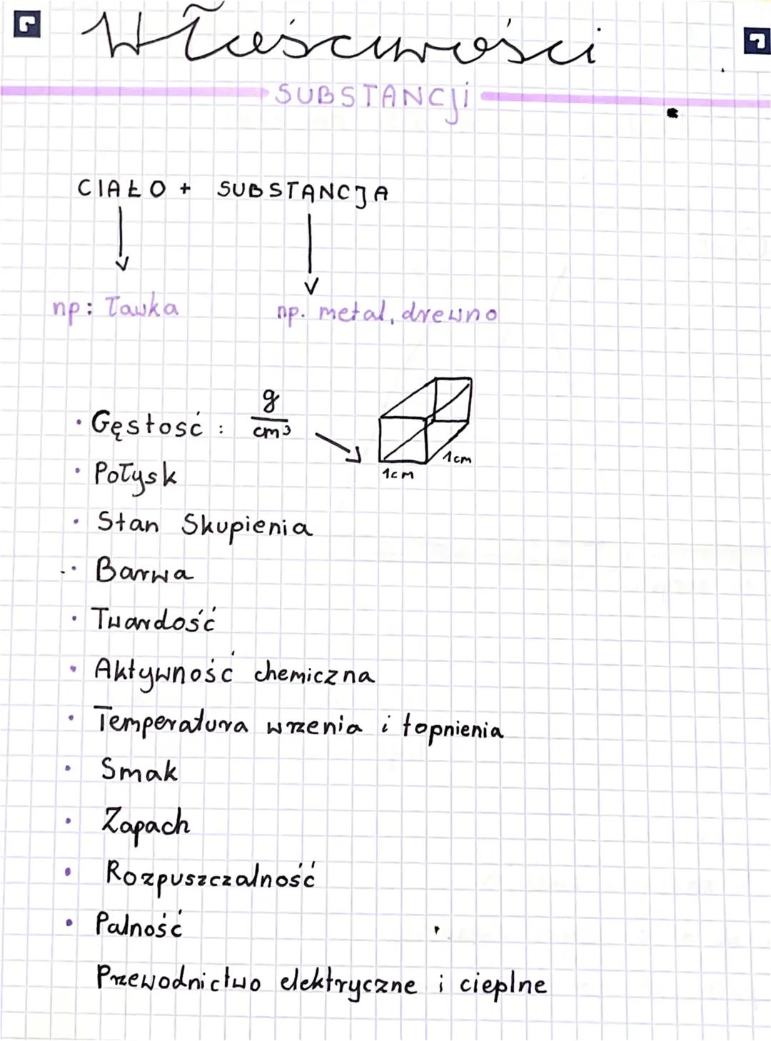 np: Tauka
▸
CIAŁO + SUBSTANCJA
.
•
•
♥
●
•
.
Włascurvości
SUBSTANCJI
• Gęstość
Połysk
Stan Skupienia
Barwa
THandość
Aktywnośc chemiczna
Temp