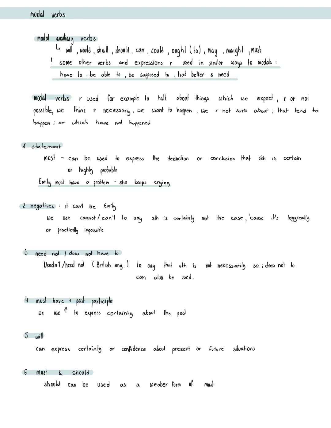 modal verbs
modal auxiliary verbs
↳₂ will , would, shall, should, can, could, ought (to), may, maight, must
other verbs and expressions r us