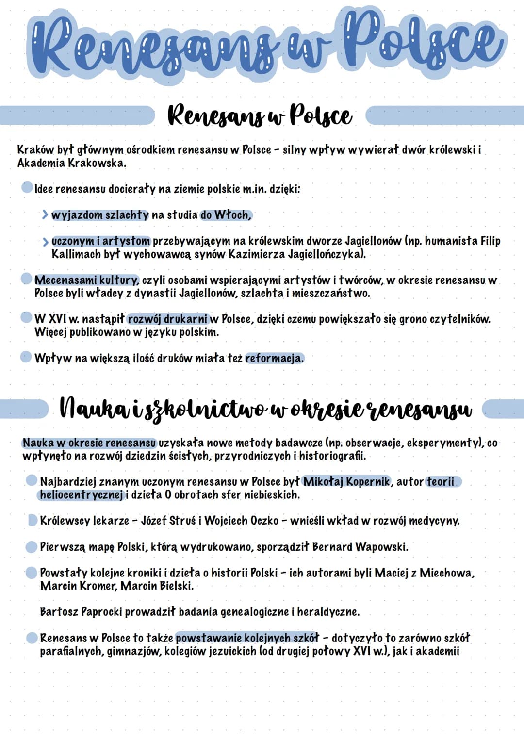 Renesans w Polsce
Renesans w Polsce
Kraków był głównym ośrodkiem renesansu w Polsce - silny wpływ wywierał dwór królewski i
Akademia Krakows