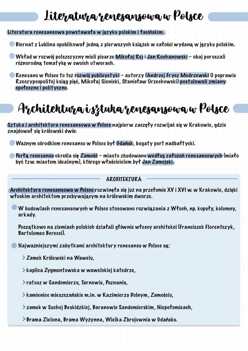 Renesans w Polsce
Renesans w Polsce
Kraków był głównym ośrodkiem renesansu w Polsce - silny wpływ wywierał dwór królewski i
Akademia Krakows