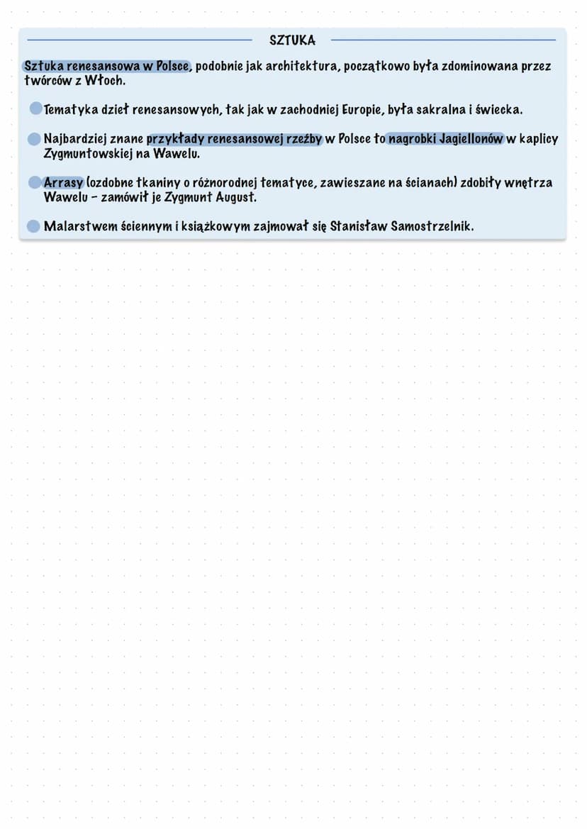 Renesans w Polsce
Renesans w Polsce
Kraków był głównym ośrodkiem renesansu w Polsce - silny wpływ wywierał dwór królewski i
Akademia Krakows