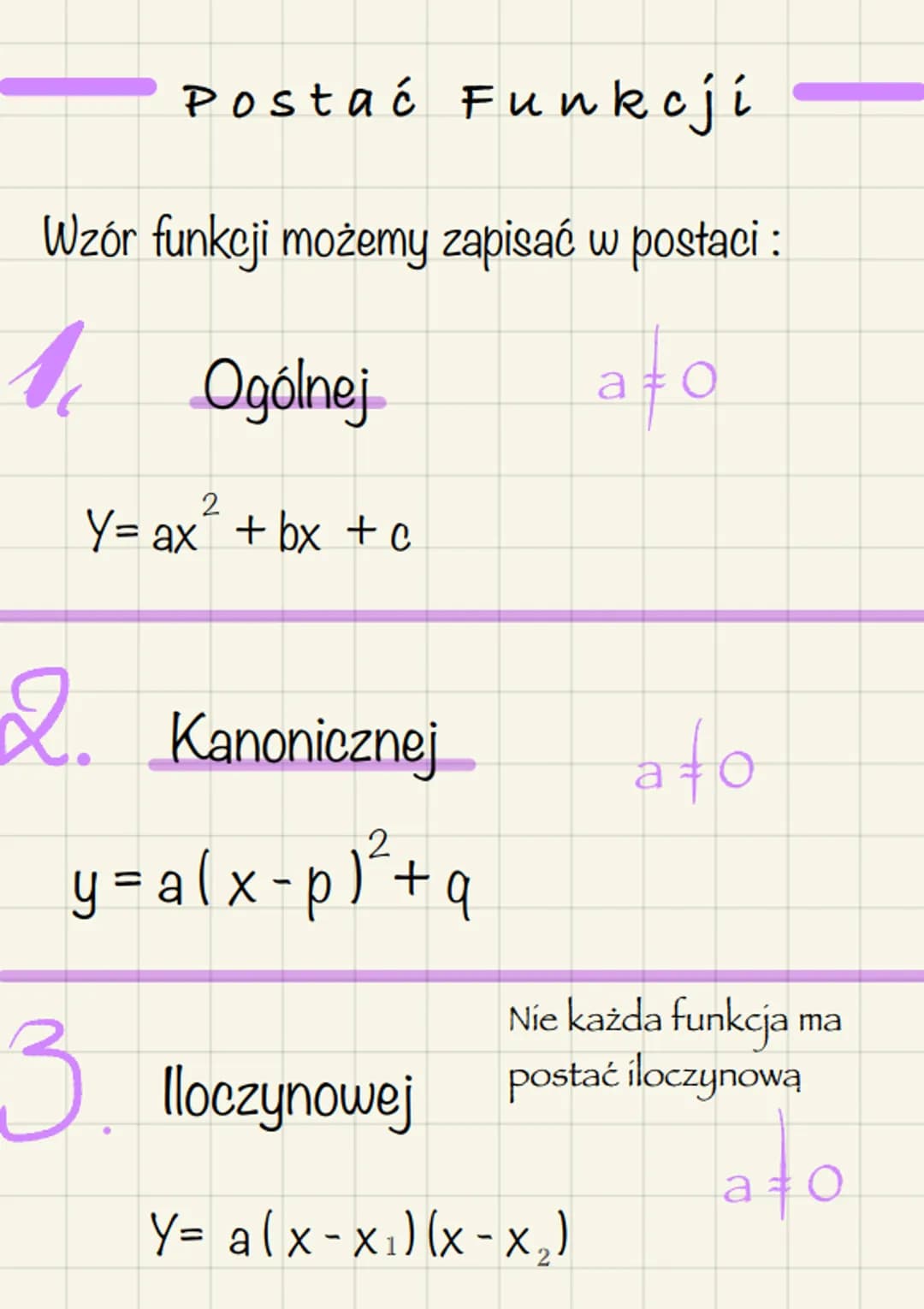 FUNKCJE KWADRATOWE
wierzchołek paraboli
2
parabola y = ax² + bx + c ma wierzchołek w
punkcję o współrzędnych :
(!a-0!)
b
Xw = 2a 9
Gdzie :
Y