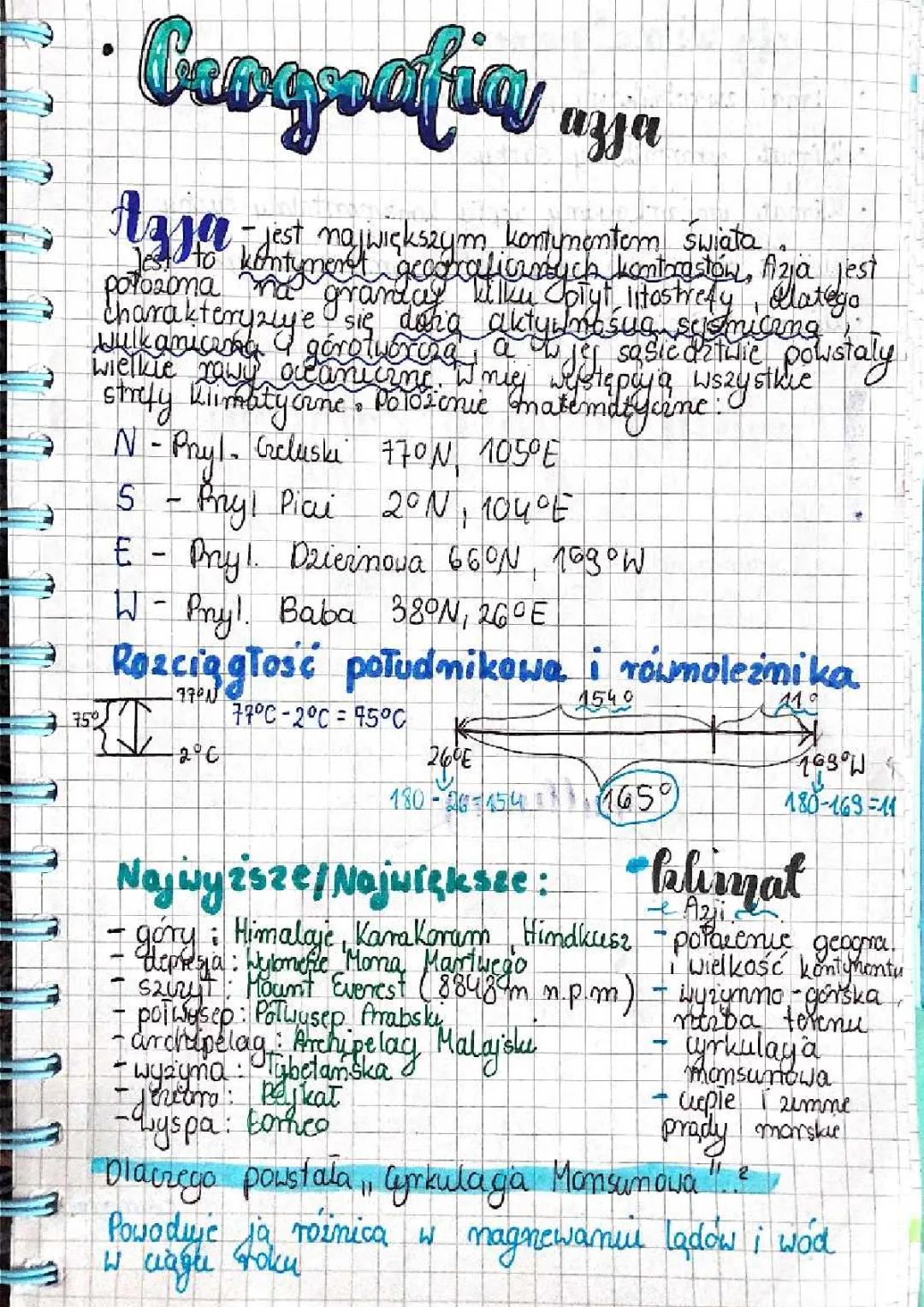 Geografia klasa 8: Azja - Kartkówka, Test, Sprawdzian, Powtórzenie