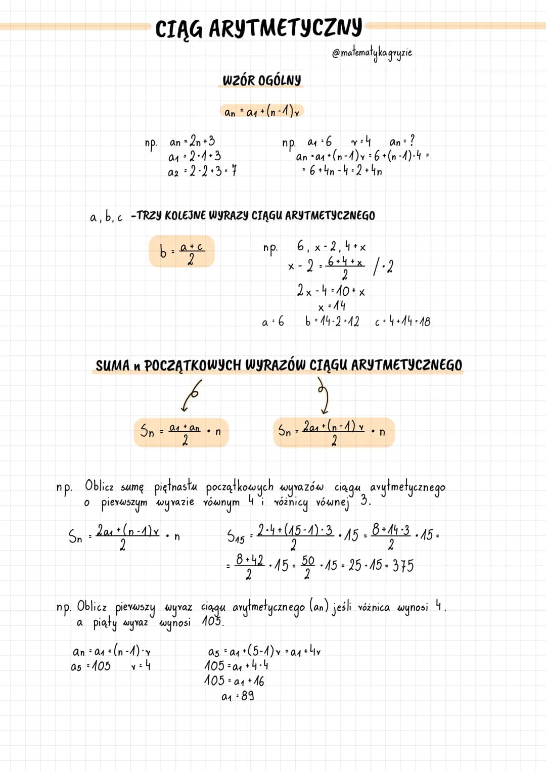 CIĄG ARYTMETYCZNY
np.
Sn
an = 2n +3
a₁=2·1+3
a2=2·2+3=7
a, b, c -TRZY KOLEJNE WYRAZY CIĄGU ARYTMETYCZNEGO
6, x-2, 4+x
x-2-6+4+x 1.2
2
b=a+c
