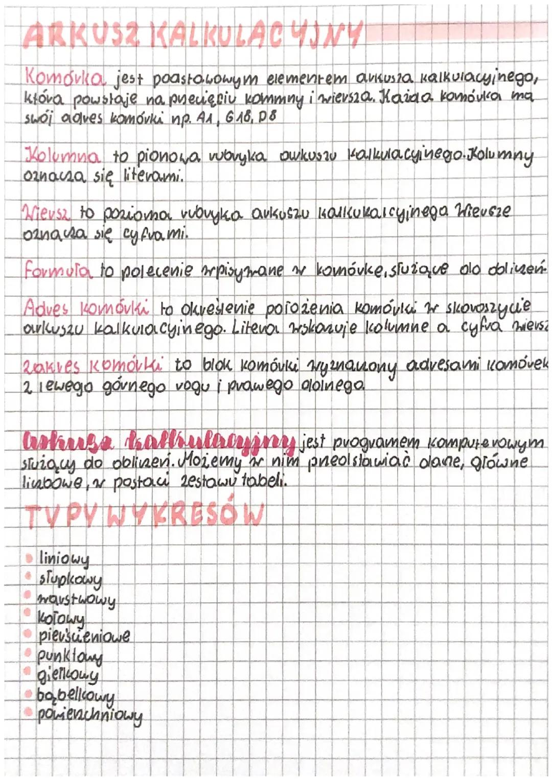 ARKUSZ KALKULACYJNY
Komórka jest podstawowym elementem arkusza kalkulacyjnego,
która powstaje na precięciu kommny i wiersza. Każda komórka m