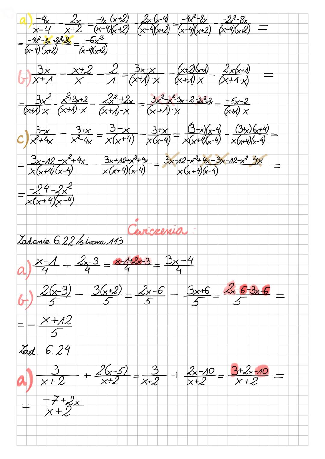 Dodawanie i odejmowanie równań
algebraicznych
(43=2-3x+3)
a) x²-3 + =
x+3 −(x-3)√x+3)(x-3)*(x+3)
2
2. (x+3)
4.(x-3)
2x+6
(x-3) (x+3)+
dziedz