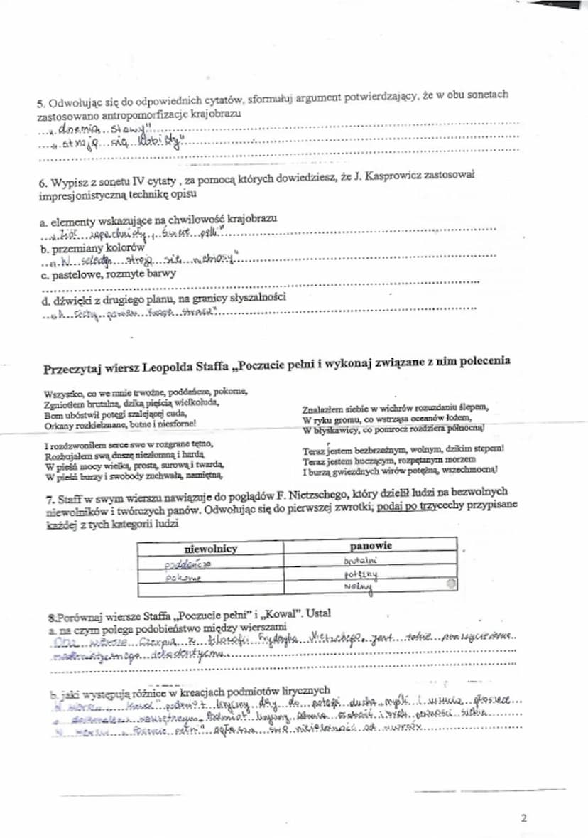 5. Odwołując się do odpowiednich cytatów, sformułuj argument potwierdzający, że w obu sonetach
zastosowano antropomorfizacje krajobrazu
1. d