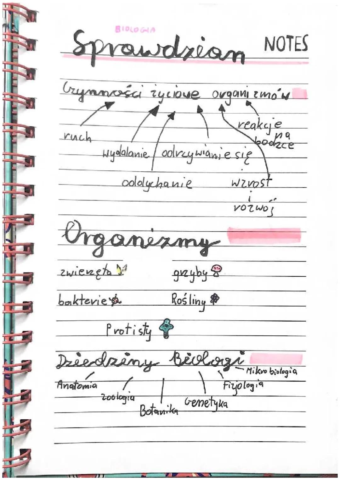 Biologia Sprawdzian - Podsumowanie Działu 1