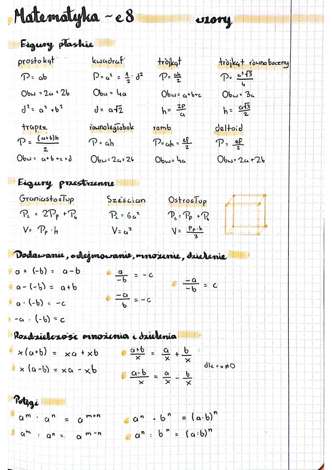 Matematyka-e8
Figury płashie
prostokąt
P= ab
Obw=2a +26
J²= a² +6²
trapez
P= (a+b)h
2
Obw= a+b+c+d
Figury przestrzenne
Graniastos Tup
P₁ = 2