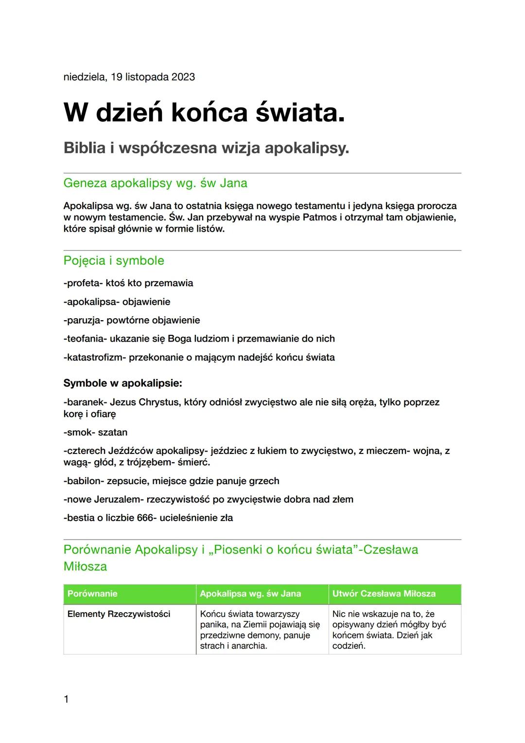 Apokalipsa według św. Jana, Polski liceum rozszerzenie, Biblia klasa 1