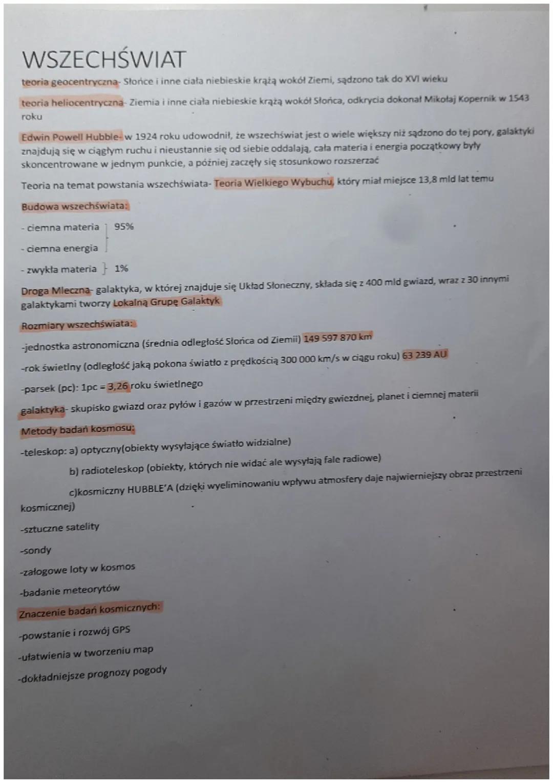 WSZECHŚWIAT
teoria geocentryczna- Słońce i inne ciała niebieskie krążą wokół Ziemi, sądzono tak do XVI wieku
teoria heliocentryczna-Ziemia i