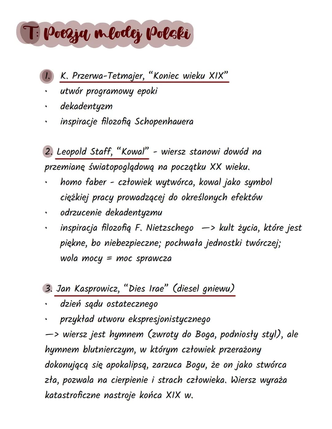 T: Poezja mlodej Polski
1. K. Przerwa-Tetmajer, "Koniec wieku XIX"
utwór programowy epoki
dekadentyzm
inspiracje filozofią Schopenhauera
2. 