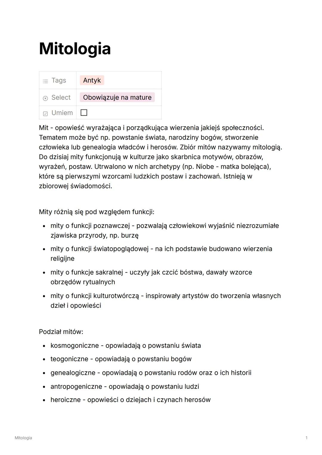 Mitologia
Mitologia
Tags
Antyk
Select
Obowiązuje na mature
Umiem
Mit - opowieść wyrażająca i porządkująca wierzenia jakiejś społeczności.
Te