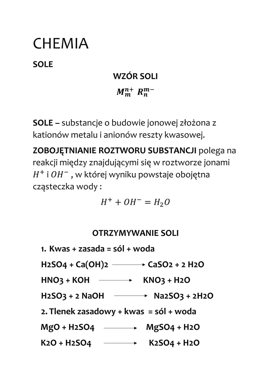 CHEMIA
SOLE
WZÓR SOLI
Mm+ Rm-
n
SOLE - substancje o budowie jonowej złożona z
kationów metalu i anionów reszty kwasowej.
ZOBOJĘTNIANIE ROZTW