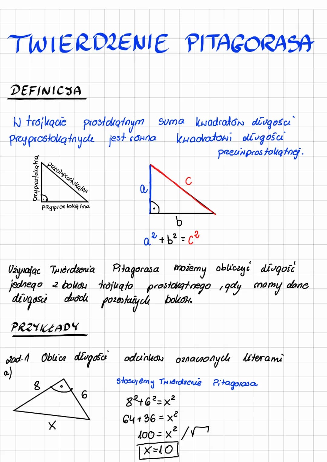 Twierdzenie Pitagorasa - definicja, zadania klasa 7 i 8, PDF, odpowiedzi