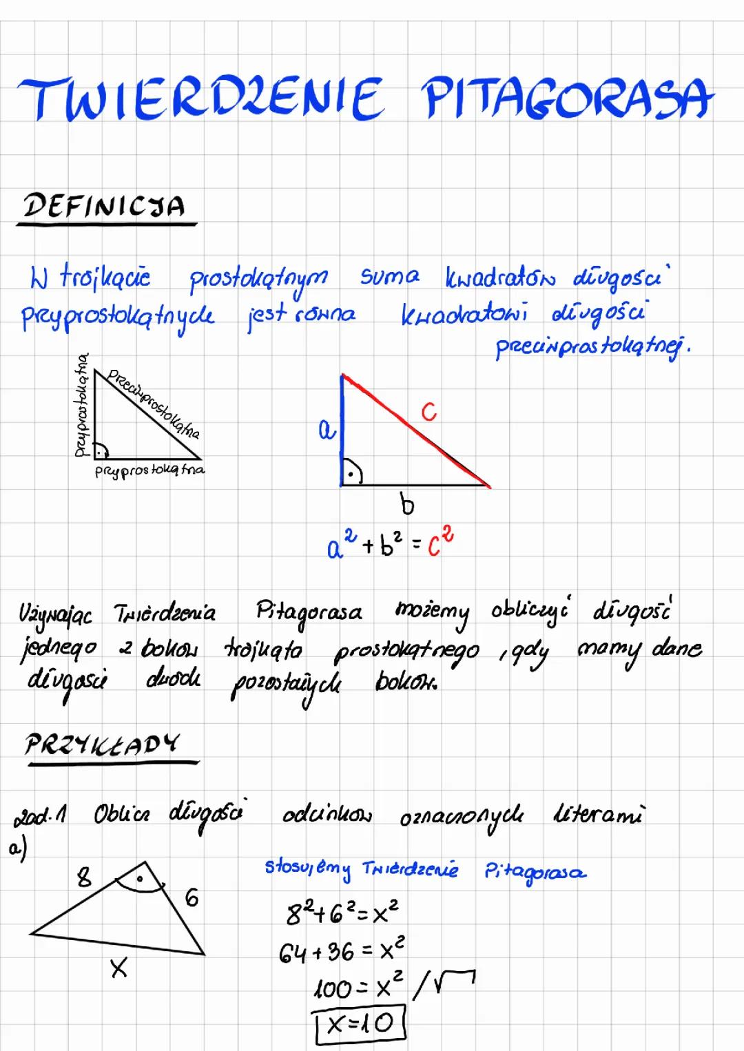 Twierdzenie Pitagorasa - definicja, zadania klasa 7 i 8, PDF, odpowiedzi