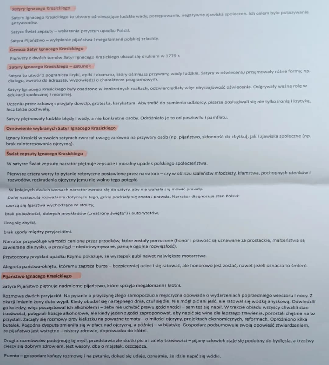 Satyry Ignacego Krasickiego
Satyry Ignacego Krasickiego to utwory ośmieszające ludzkie wady, postępowanie, negatywne zjawiska spoleczne. Ich