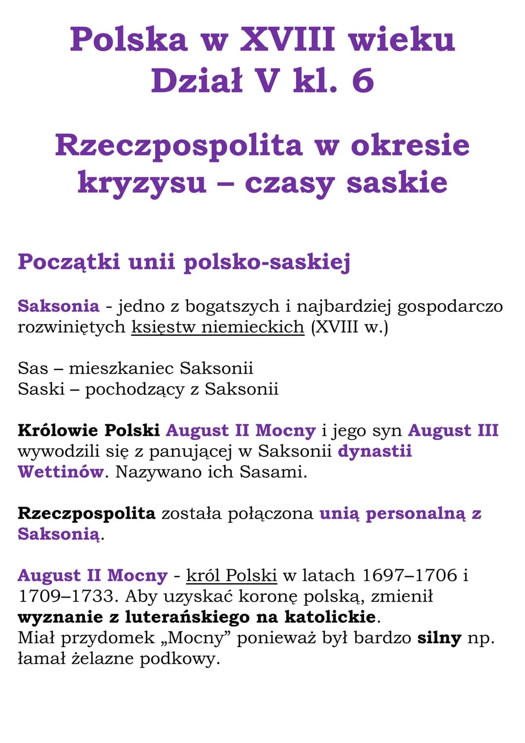 Polska w XVIII wieku
Dział V kl. 6
Rzeczpospolita w okresie
kryzysu - czasy saskie
Początki unii polsko-saskiej
Saksonia - jedno z bogatszyc