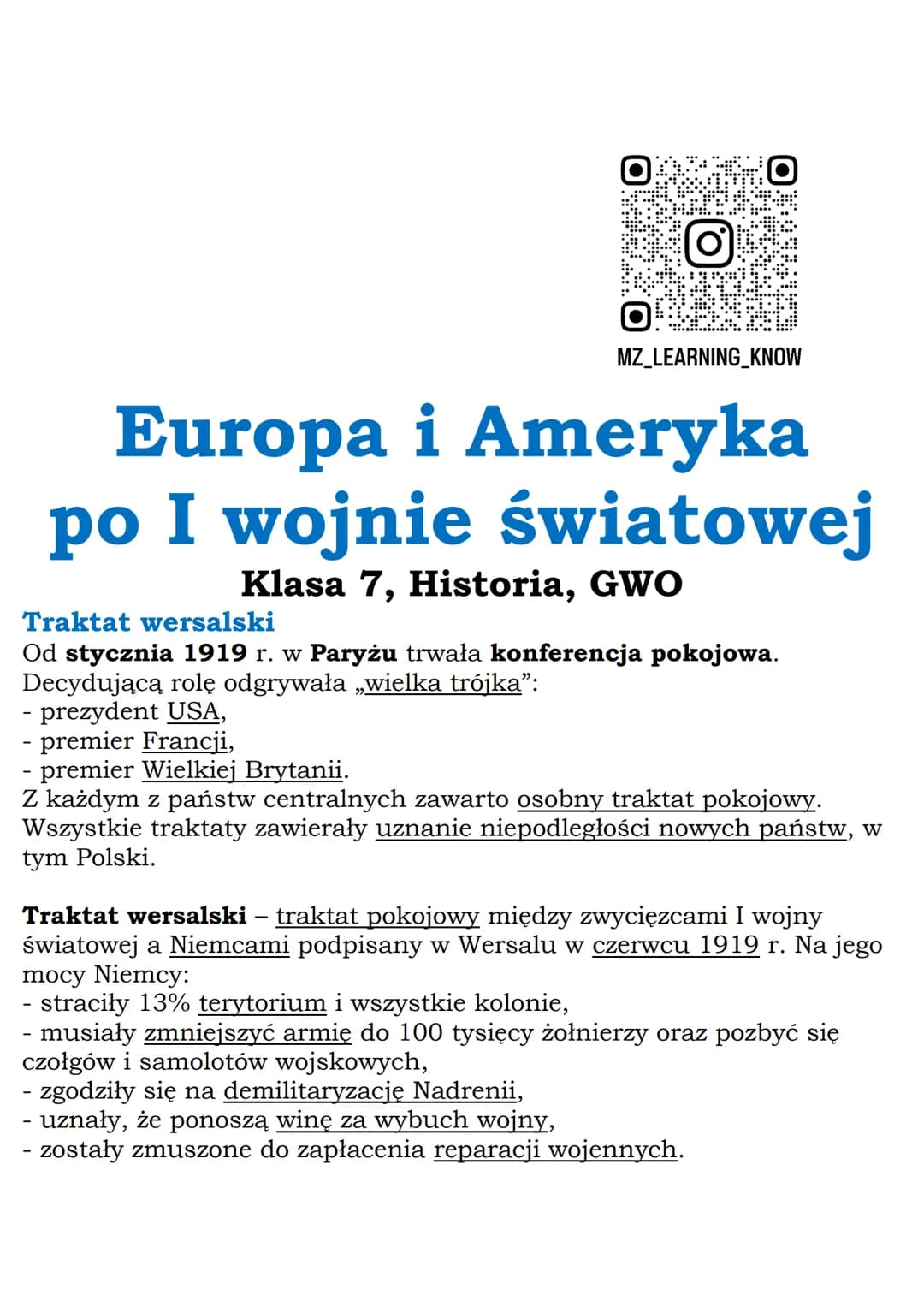 # Europa i Ameryka
# po I wojnie światowej
Klasa 7, Historia, GWO

## Traktat wersalski
Od stycznia 1919 r. w Paryżu trwała konferencja poko