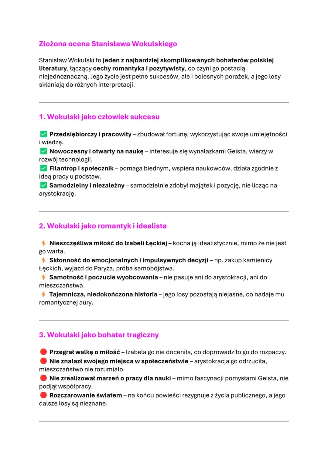 # Lalka" Bolesława Prusa

1. Gatunek i epoka:

✔ Powieść realistyczna, społeczno-obyczajowa
◆ Pozytywizm

2. Główne wątki:

✓ Miłość Wokulsk