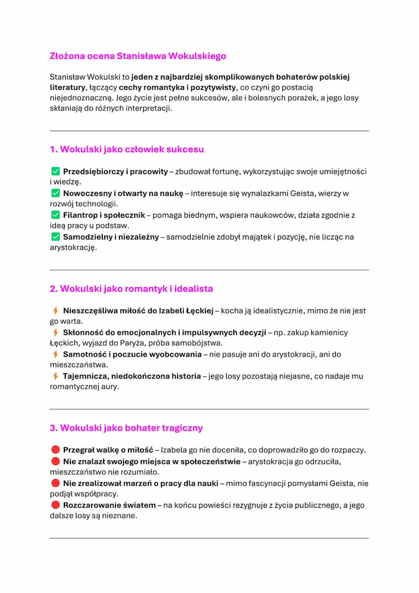 # Lalka" Bolesława Prusa

1. Gatunek i epoka:

✔ Powieść realistyczna, społeczno-obyczajowa
◆ Pozytywizm

2. Główne wątki:

✓ Miłość Wokulsk