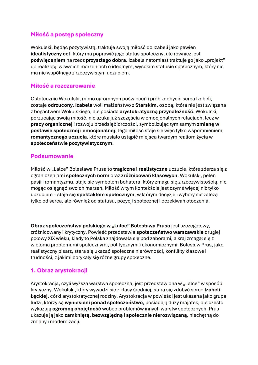 # Lalka" Bolesława Prusa

1. Gatunek i epoka:

✔ Powieść realistyczna, społeczno-obyczajowa
◆ Pozytywizm

2. Główne wątki:

✓ Miłość Wokulsk