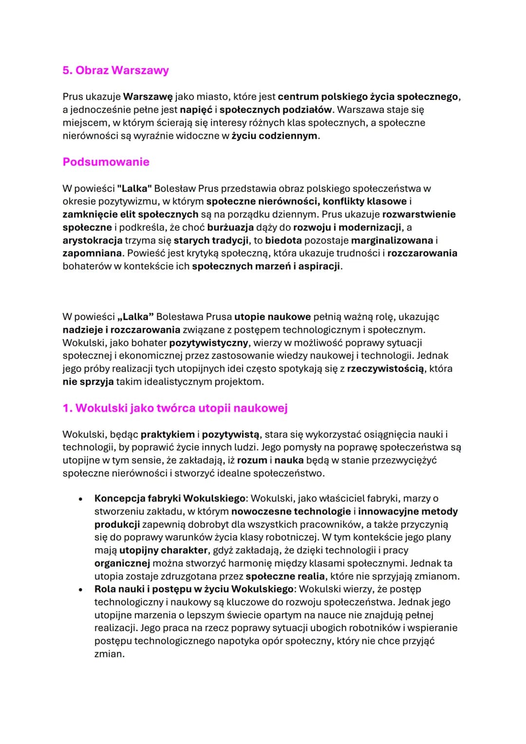 # Lalka" Bolesława Prusa

1. Gatunek i epoka:

✔ Powieść realistyczna, społeczno-obyczajowa
◆ Pozytywizm

2. Główne wątki:

✓ Miłość Wokulsk