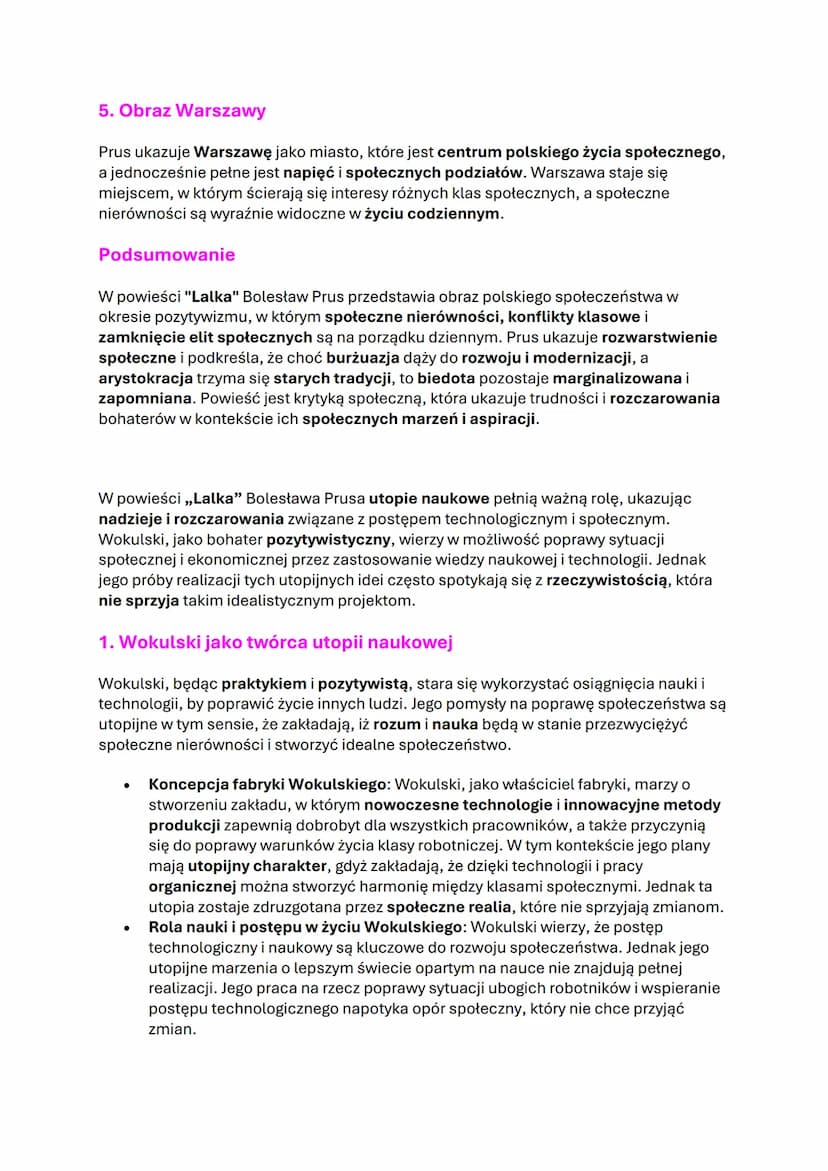 # Lalka" Bolesława Prusa

1. Gatunek i epoka:

✔ Powieść realistyczna, społeczno-obyczajowa
◆ Pozytywizm

2. Główne wątki:

✓ Miłość Wokulsk