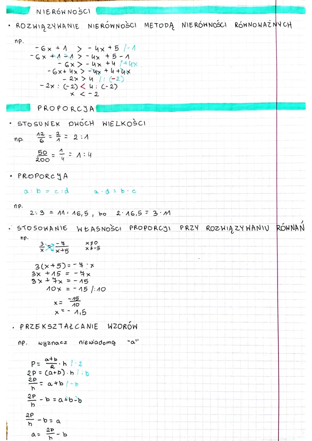 ALGEBRA, PROPORCIJA
RÓWNANIA
WYRAŻENIA ALGEBRAICZNE
• MNOŻE NIE SUMY ALGEBRAICZNEY PRZEZ JEDNOMIAN
(2a-b) (-u) = 2a · C-4) + (-b) · (-4)= -8