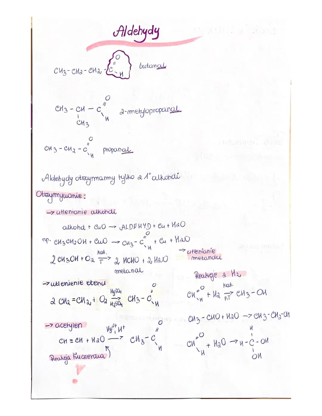 СН3-ена-ена
с
СН3-си -
енз
1
СН 3 -СН 2 - с
с
11
Н
-7
-> acetyien
Aldehydy
0
->utlenienie etenu
2 сня =си 2 + O2
11
propanal
-utlenianie alk