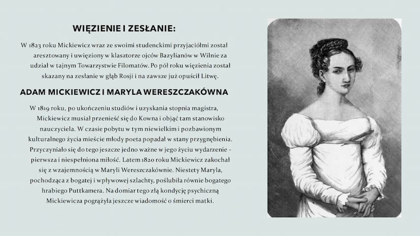 ADAM
MICKIEWICZ
Urodzony: 24 grudnia 1798 w Zaosiu
Zmarł: 26 listopada 1855 w Stambule SPIS
TREŚCI:
Życiorys
Więzienie i
zesłanie
Muzeum w
N