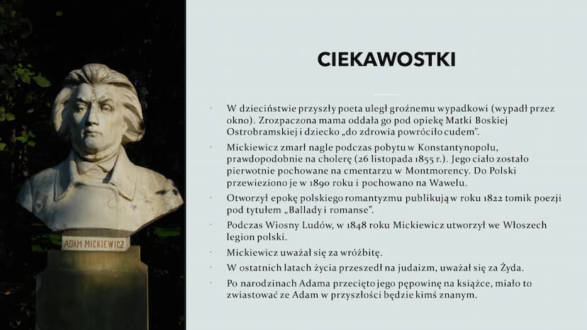 ADAM
MICKIEWICZ
Urodzony: 24 grudnia 1798 w Zaosiu
Zmarł: 26 listopada 1855 w Stambule SPIS
TREŚCI:
Życiorys
Więzienie i
zesłanie
Muzeum w
N