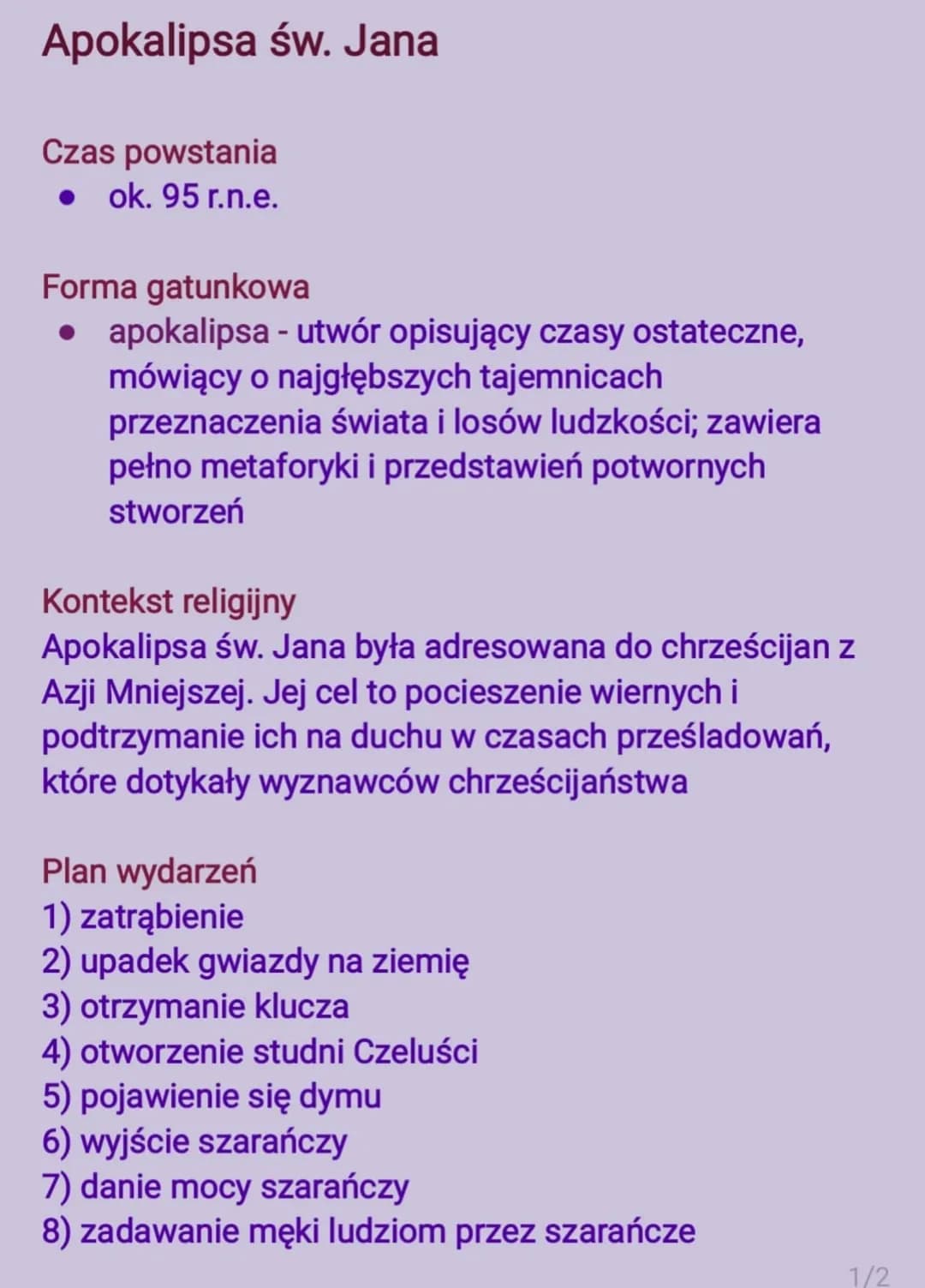 Apokalipsa św. Jana
Czas powstania
• ok. 95 r.n.e.
Forma gatunkowa
• apokalipsa - utwór opisujący czasy ostateczne,
mówiący o najgłębszych t