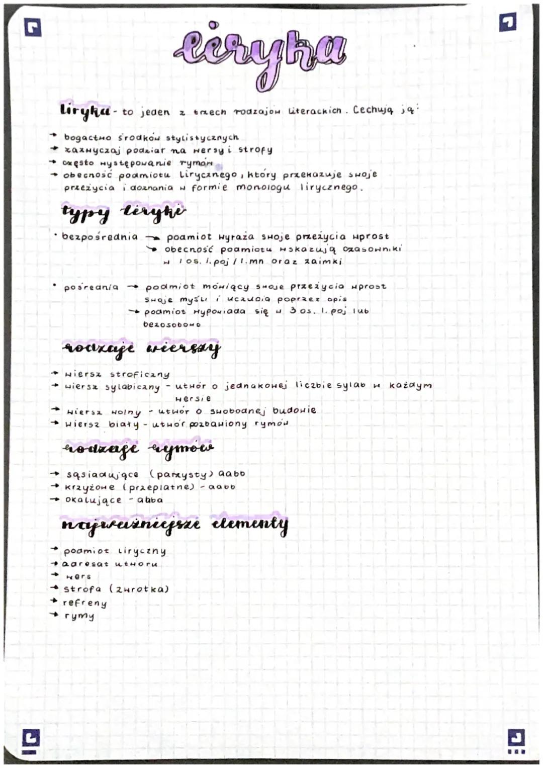 IG
eiryha
liryka- to jeden z tech rodzajów literackich. Cechują ją:
bogacto środków stylistycznych
→ xazwyczaj podziar na wersy i strofy
→ c