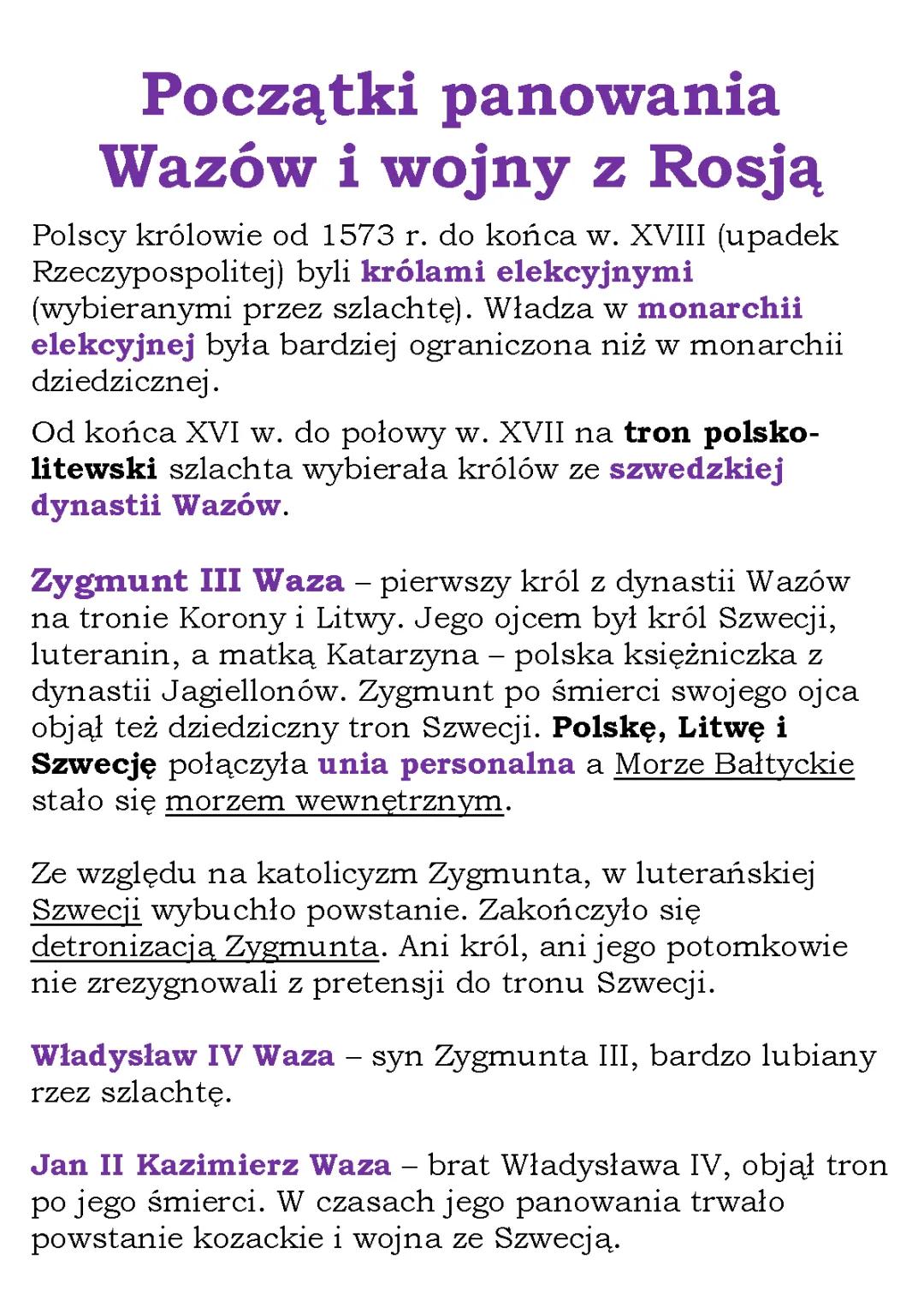 Początki rządów Wazów i wojny z Rosją w XVII wieku notatka