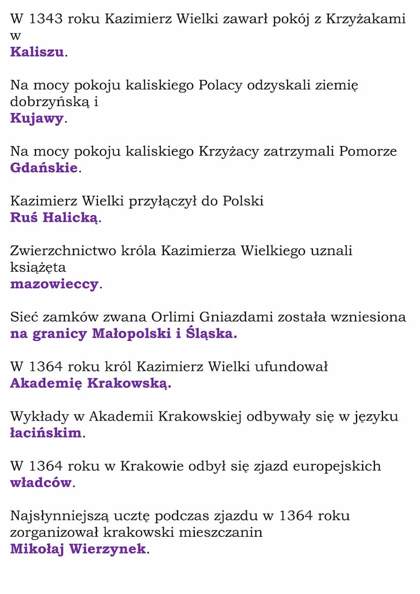 Kazimierz Wielki Test
Następcą Władysława Łokietka został jego syn
Kazimierz.
Stefan.
Władysław.
Kazimierza, syna Władysława Łokietka, nazyw