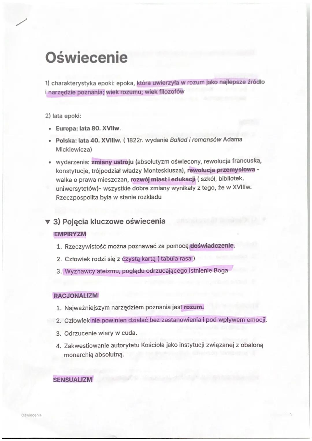 Oświecenie
Oświecenie
1) charakterystyka epoki: epoka, która uwierzyła w rozum jako najlepsze źródło
i narzędzie poznania; wiek rozumu; wiek