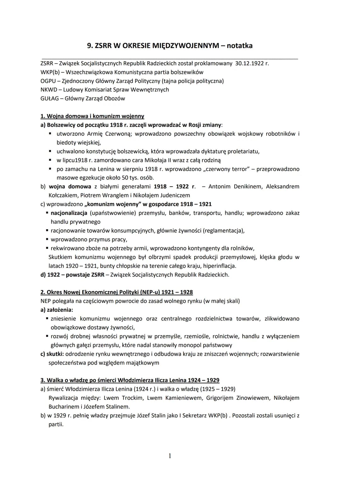 9. ZSRR W OKRESIE MIĘDZYWOJENNYM - notatka
ZSRR - Związek Socjalistycznych Republik Radzieckich został proklamowany 30.12.1922 r.
WKP (b) - 