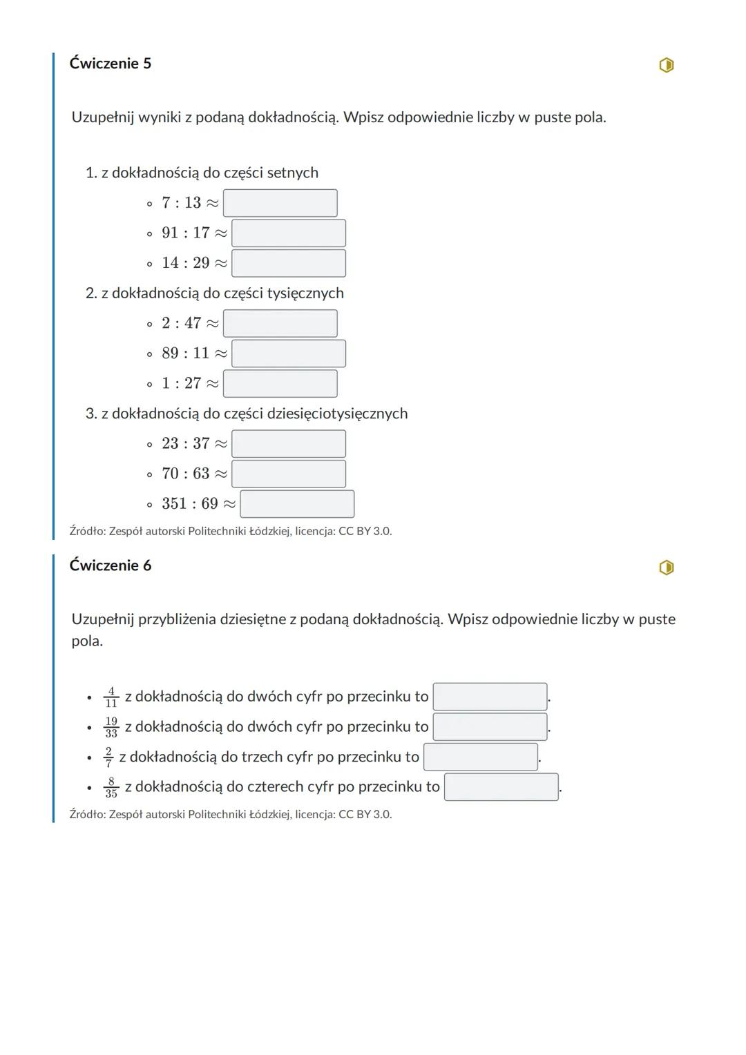 Zaokrąglanie liczb dziesiętnych
Materiał zawiera:
- animacje pokazujące istotę i konieczność zaokrąglania liczb,
regułę opisująca sposób zao